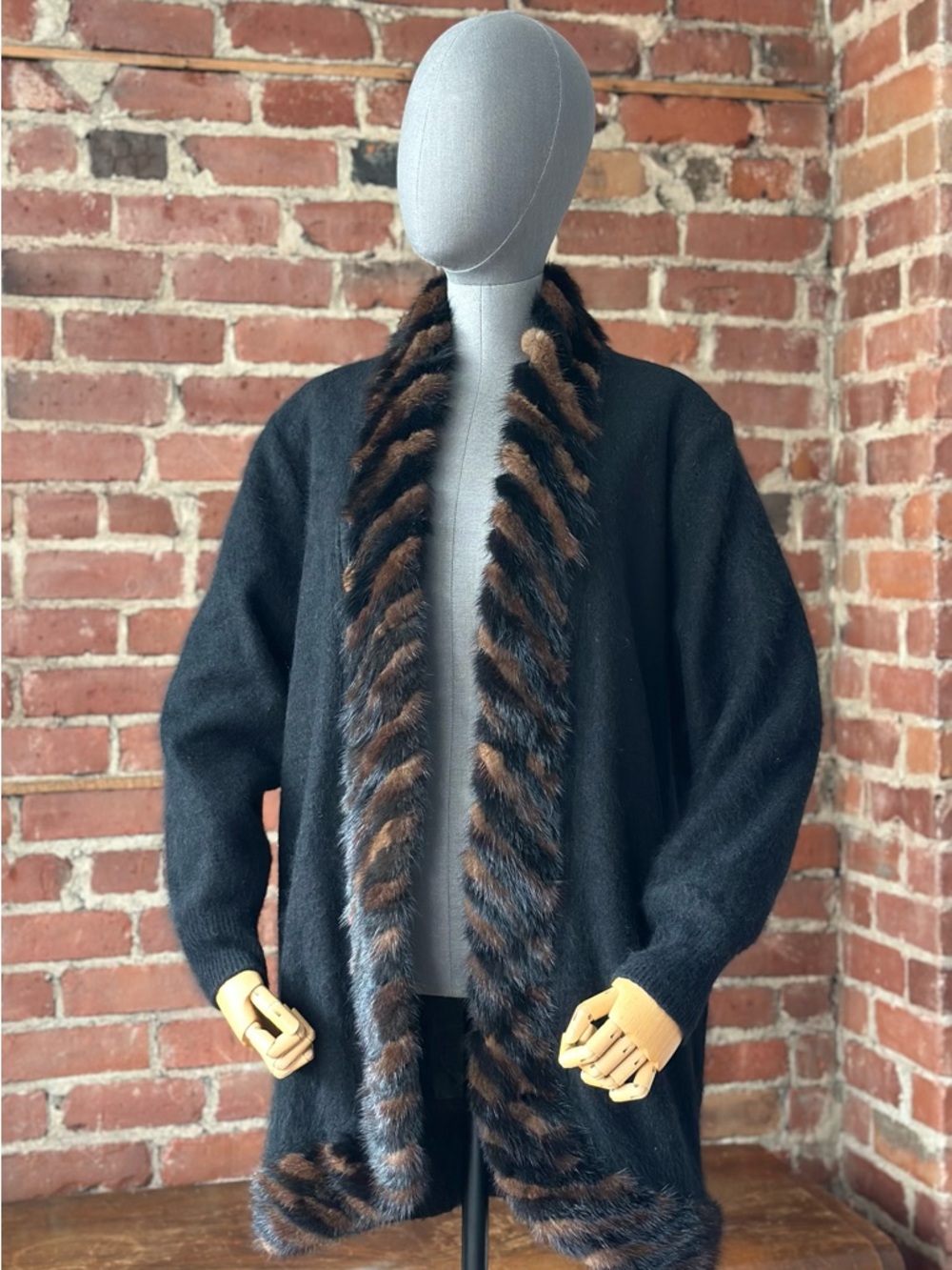 Angora Cardigan Mink Fur Trim Black Open Front 90s